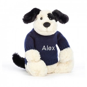 Jellycat Bashful Black & cremefarbenen Welpe mit personalisiertem marineblauem Pullover Mittelgroß | MQTS-30745