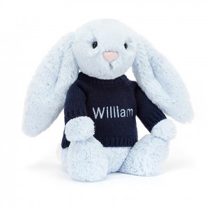 Jellycat Bashful Blue Hase mit personalisiertem marineblauem Pullover Mittelgroß | MNZI-29378