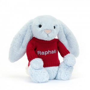 Jellycat Bashful Blue Hase mit personalisiertem roten Pullover Mittelgroß | MFEL-59674