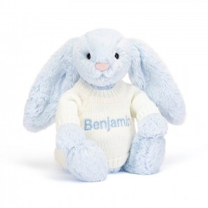 Jellycat Bashful Blue Hase mit personalisiertem cremefarbenen Pullover Mittelgroß | TZXL-43791