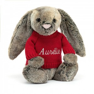 Jellycat Bashful Cottontail Hase mit personalisiertem roten Pullover Mittelgroß | NAIK-07485