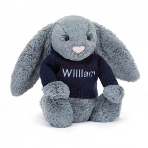 Jellycat Bashful Dusky Blue Hase mit personalisiertem marineblauem Pullover Mittelgroß | JCUO-32045