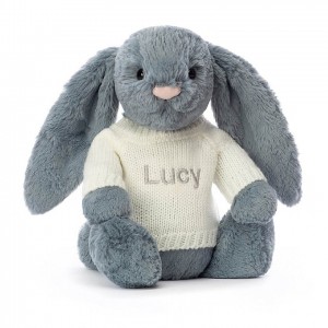 Jellycat Bashful Dusky Blue Hase mit personalisiertem cremefarbenen Pullover Mittelgroß | DZET-32147