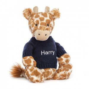 Jellycat Bashful Giraffe mit personalisiertem marineblauem Pullover Mittelgroß | WULF-24597