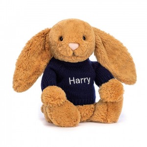 Jellycat Bashful Golden Hase mit personalisiertem marineblauem Pullover Mittelgroß | BUPI-51674