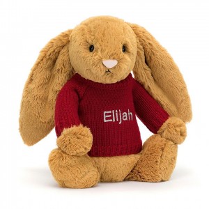 Jellycat Bashful Golden Hase mit personalisiertem roten Pullover Mittelgroß | OGXU-72846