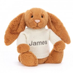 Jellycat Bashful Golden Hase mit personalisiertem cremefarbenen Pullover Mittelgroß | WCEY-76032