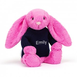 Jellycat Bashful Hot Pink Hase mit personalisiertem marineblauem Pullover Mittelgroß | ZJAP-21075