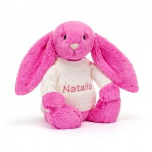 Jellycat Bashful Hot Pink Hase mit personalisiertem cremefarbenen Pullover Mittelgroß | UKMN-62530