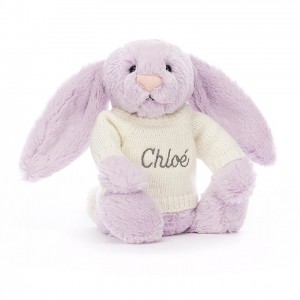 Jellycat Bashful Lilac Hase mit personalisiertem cremefarbenen Pullover Mittelgroß | DRMG-68932