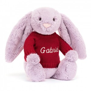 Jellycat Bashful Lilac Hase mit personalisiertem roten Pullover Mittelgroß | XIVP-76248