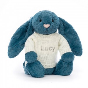 Jellycat Bashful Mineral Blue Hase mit personalisiertem cremefarbenen Pullover Mittelgroß | OBDZ-42518