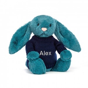 Jellycat Bashful Mineral Blue Hase mit personalisiertem marineblauem Pullover Mittelgroß | QTLP-41028