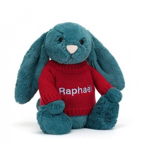 Jellycat Bashful Mineral Blue Hase mit personalisiertem roten Pullover Mittelgroß | XRFA-26804