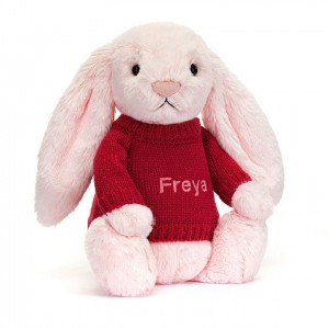 Jellycat Bashful Pink Hase mit personalisiertem roten Pullover Mittelgroß | NDIJ-04789