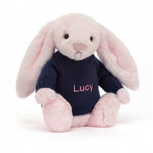 Jellycat Bashful Pink Hase mit personalisiertem marineblauem Pullover Mittelgroß | SQDO-34860