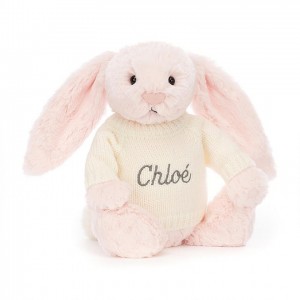 Jellycat Bashful Pink Hase mit personalisiertem cremefarbenen Pullover Mittelgroß | PBSL-46802