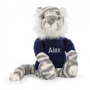 Jellycat Bashful Schneetiger mit personalisiertem marineblauem Pullover Mittelgroß | RUDQ-15624