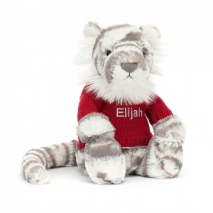 Jellycat Bashful Schneetiger mit personalisiertem roten Pullover Mittelgroß | VDWQ-01824