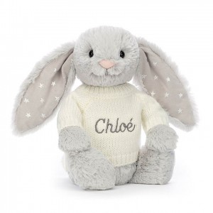 Jellycat Bashful Shimmer Hase mit personalisiertem cremefarbenen Pullover Mittelgroß | HKLM-43861