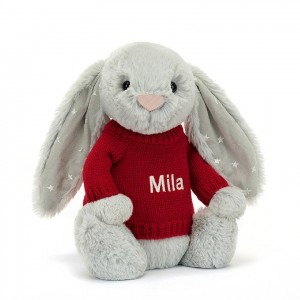 Jellycat Bashful Shimmer Hase mit personalisiertem roten Pullover Mittelgroß | ANGK-37684