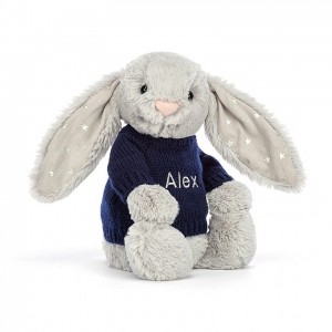 Jellycat Bashful Shimmer Hase mit personalisiertem marineblauem Pullover Mittelgroß | DHCT-41705