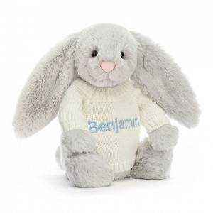 Jellycat Bashful Silver Hase mit personalisiertem cremefarbenen Pullover Mittelgroß | TIND-50896