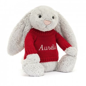 Jellycat Bashful Silver Hase mit personalisiertem roten Pullover Mittelgroß | HWDT-97056