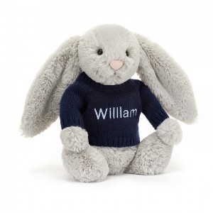 Jellycat Bashful Silver Hase mit personalisiertem marineblauem Pullover Mittelgroß | IHGQ-18907