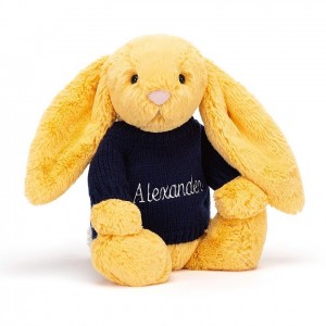 Jellycat Bashful Sunshine Hase mit personalisiertem marineblauem Pullover Mittelgroß | FKZD-20675