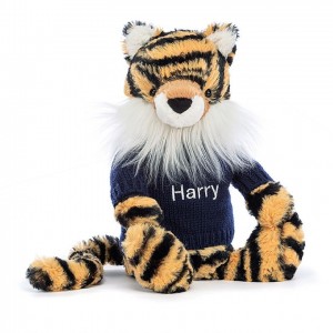 Jellycat Bashful Tiger mit personalisiertem marineblauem Pullover Mittelgroß | SUKA-09518