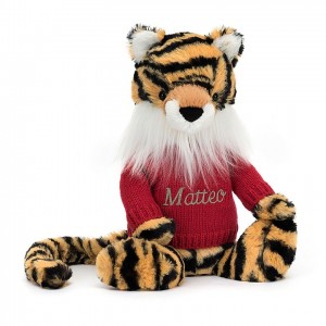 Jellycat Bashful Tiger mit personalisiertem roten Pullover Mittelgroß | UGDI-18930