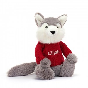 Jellycat Bashful Wolf mit personalisiertem roten Pullover Mittelgroß | VZGM-96174