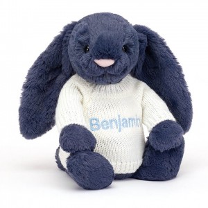 Jellycat Bashful marineblauem Hase mit personalisiertem cremefarbenen Pullover Mittelgroß | XZBO-91532