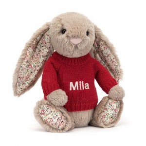 Jellycat Blossom Bea Beige Hase mit personalisiertem roten Pullover Mittelgroß | UZXT-96851