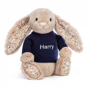 Jellycat Blossom Bea Beige Hase mit personalisiertem marineblauem Pullover Mittelgroß | YRTP-40295