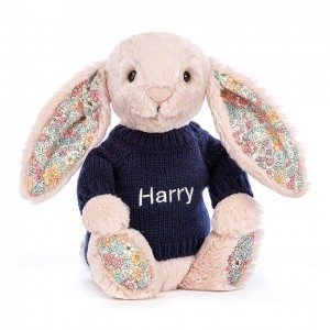 Jellycat Blossom Blush Hase mit personalisiertem marineblauem Pullover Mittelgroß | SUOR-59671