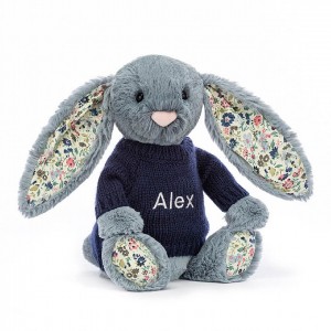 Jellycat Blossom Dusky Blue mit personalisiertem marineblauem Pullover Mittelgroß | PTCZ-67418