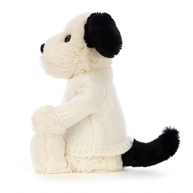 Jellycat Bashful Black & cremefarbenen Welpe mit personalisiertem cremefarbenen Pullover Mittelgroß | VHQU-03714