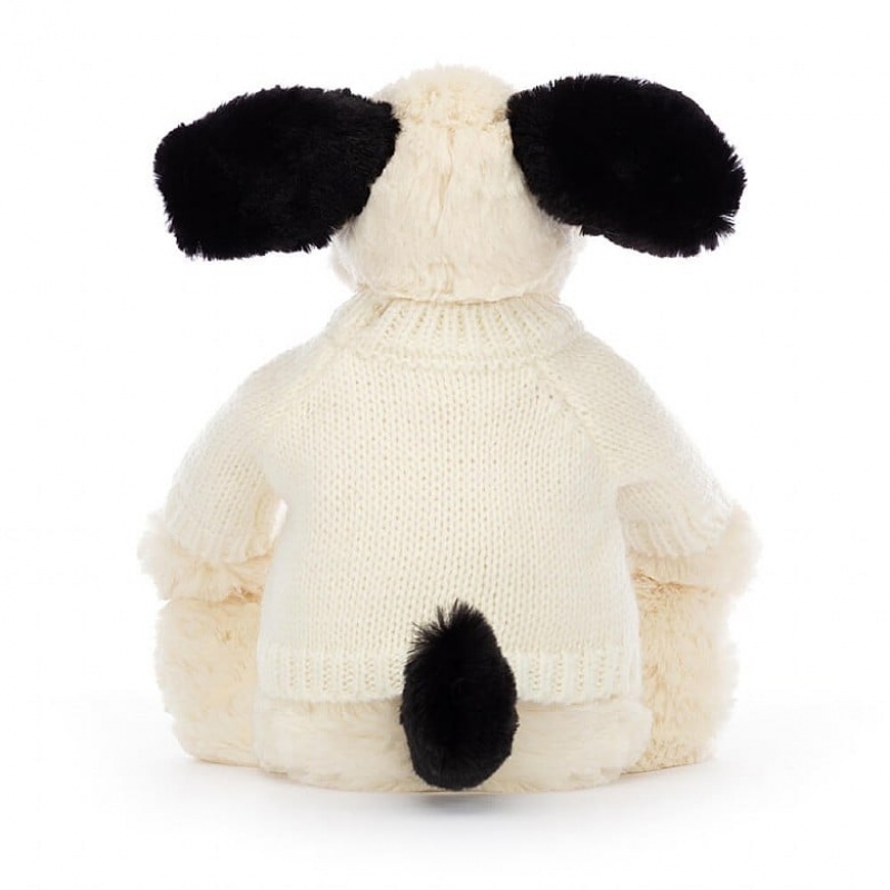 Jellycat Bashful Black & cremefarbenen Welpe mit personalisiertem cremefarbenen Pullover Mittelgroß | VHQU-03714