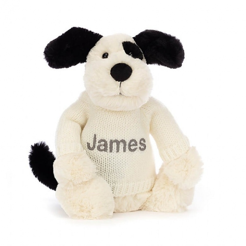 Jellycat Bashful Black & cremefarbenen Welpe mit personalisiertem cremefarbenen Pullover Mittelgroß | VHQU-03714