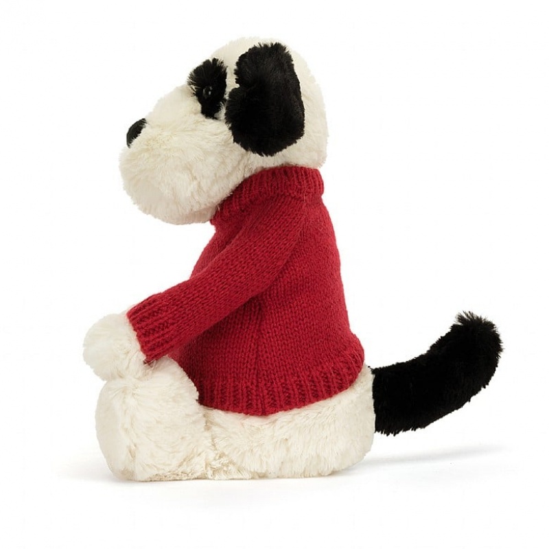 Jellycat Bashful Black & cremefarbenen Welpe mit personalisiertem roten Pullover Mittelgroß | VXPF-15647