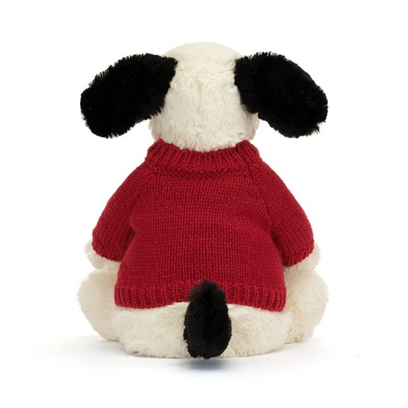 Jellycat Bashful Black & cremefarbenen Welpe mit personalisiertem roten Pullover Mittelgroß | VXPF-15647