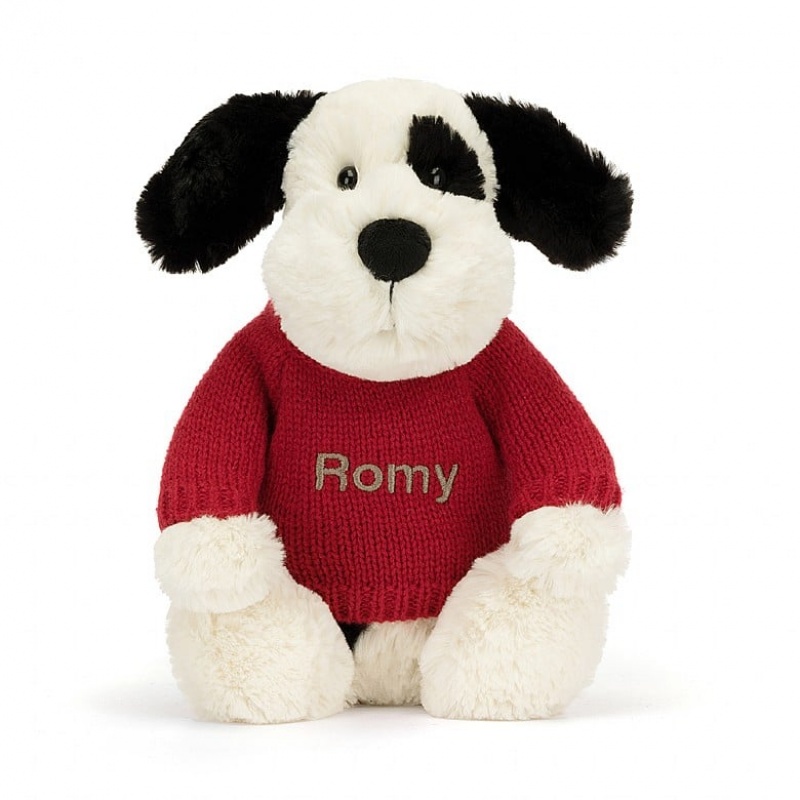 Jellycat Bashful Black & cremefarbenen Welpe mit personalisiertem roten Pullover Mittelgroß | VXPF-15647