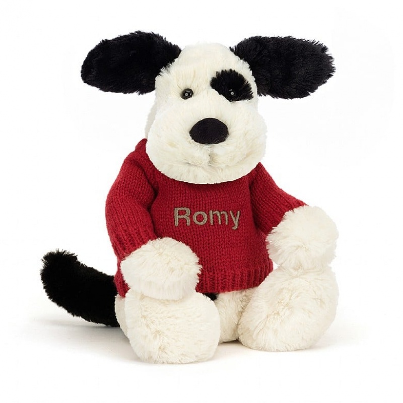 Jellycat Bashful Black & cremefarbenen Welpe mit personalisiertem roten Pullover Mittelgroß | VXPF-15647