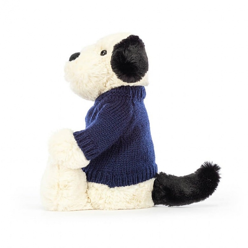 Jellycat Bashful Black & cremefarbenen Welpe mit personalisiertem marineblauem Pullover Mittelgroß | RJHS-79052