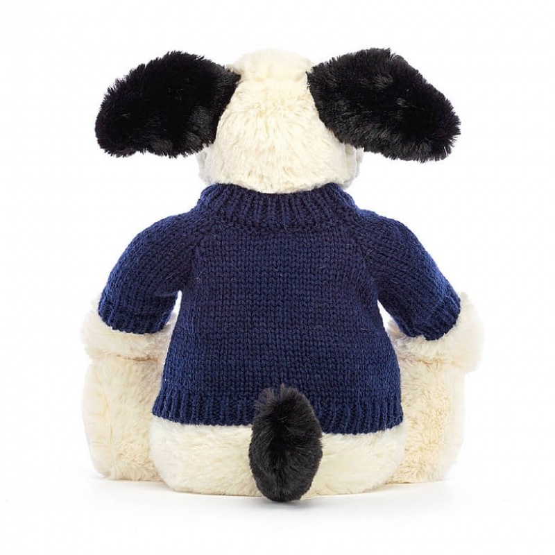 Jellycat Bashful Black & cremefarbenen Welpe mit personalisiertem marineblauem Pullover Mittelgroß | RJHS-79052