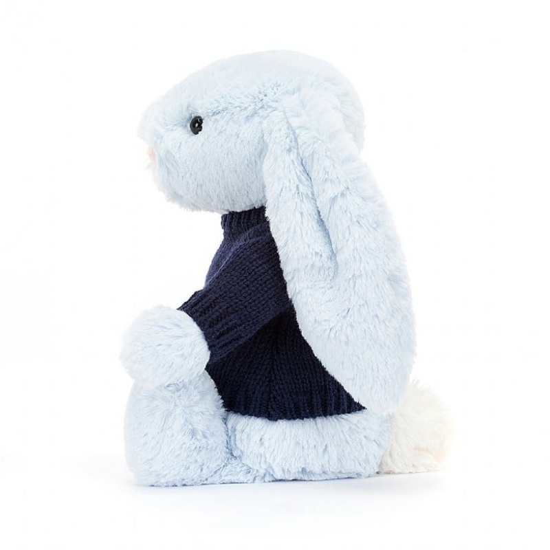 Jellycat Bashful Blue Hase mit personalisiertem marineblauem Pullover Mittelgroß | MNZI-29378