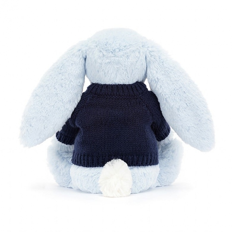 Jellycat Bashful Blue Hase mit personalisiertem marineblauem Pullover Mittelgroß | MNZI-29378