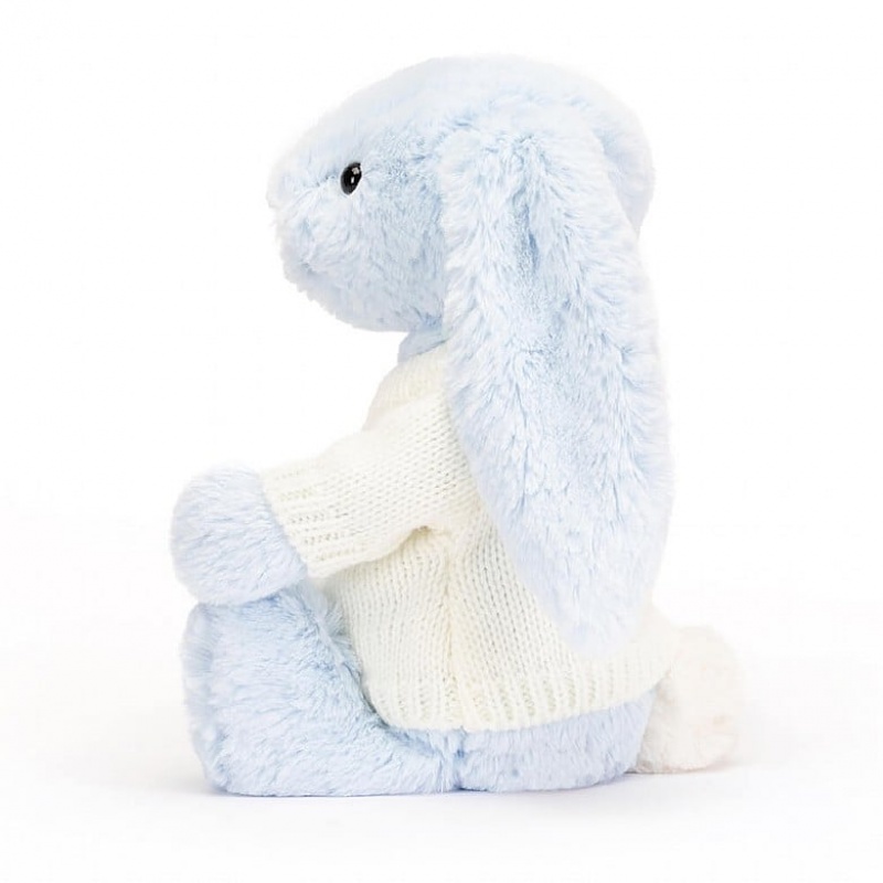 Jellycat Bashful Blue Hase mit personalisiertem cremefarbenen Pullover Mittelgroß | JYLQ-01369